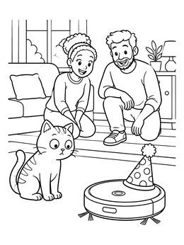 A funny coloring page of a confused cat staring at a party hat robot vacuum while owners watch.