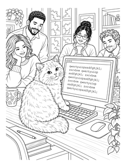 A fluffy cat taps keys on a keyboard in this funny coloring page as smiling friends look on.