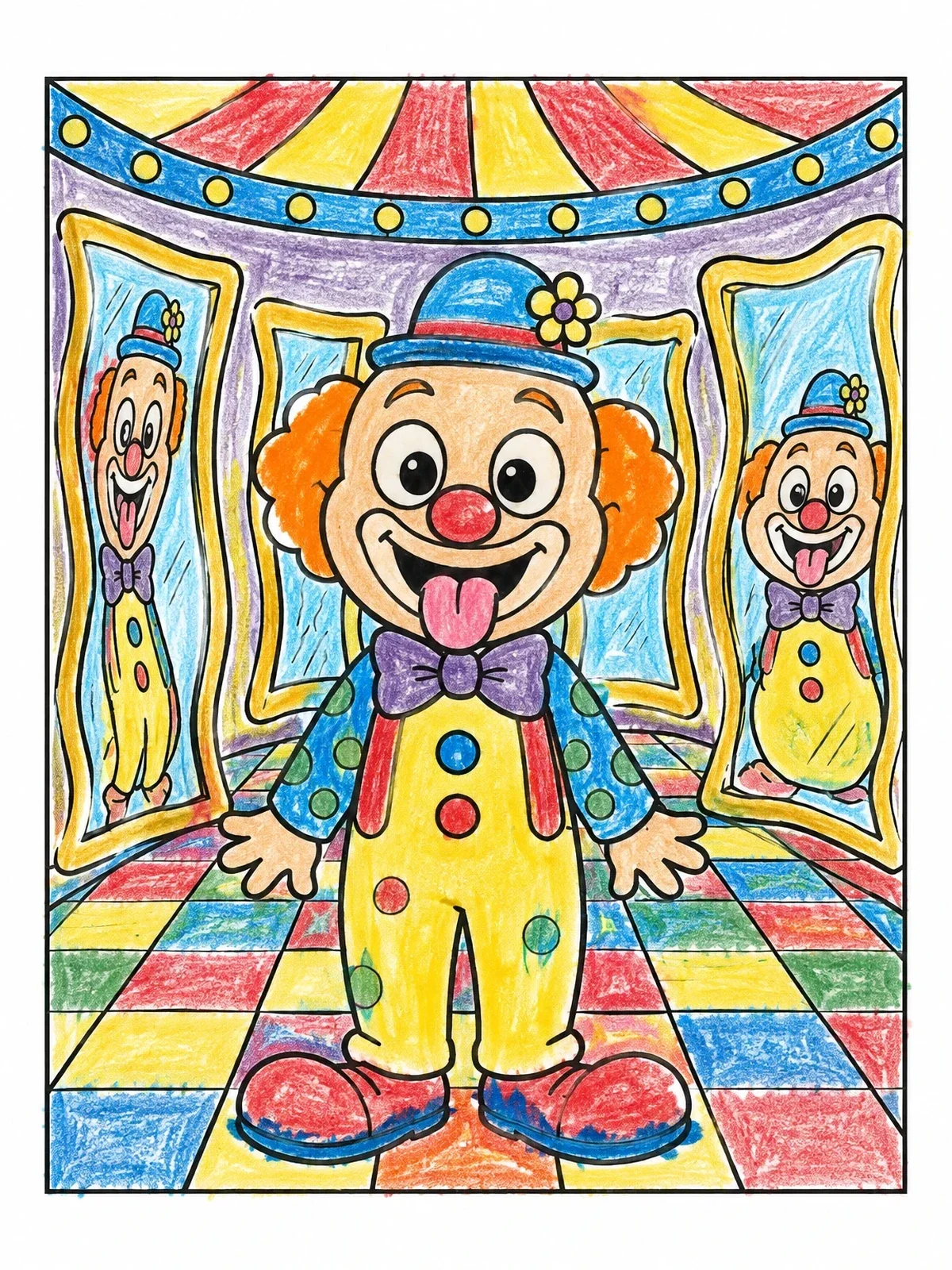 Colored example of the Funny Clown In The Funhouse Hall coloring page