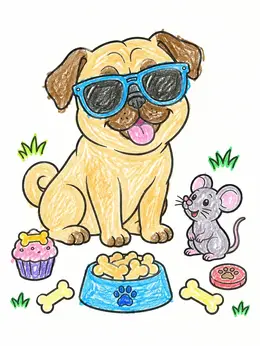 Cool Pug With Sunglasses And Mouse – Funny Coloring Page