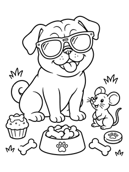 Free printable Cool Pug With Sunglasses And Mouse coloring page