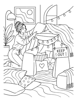 A woman builds a cozy pillow fort in this funny coloring page with string lights and blankets.
