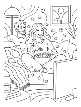 A couple watching TV with popcorn in a funny coloring page.