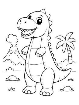 A cheerful cartoon T-rex in this funny coloring page with a smoking volcano and palm tree.