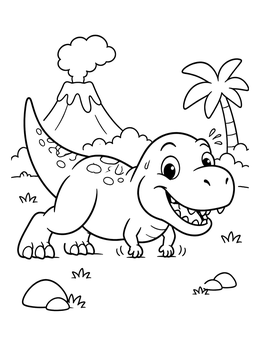 A funny coloring page of a cute cartoon T-rex doing push-ups near an erupting volcano.