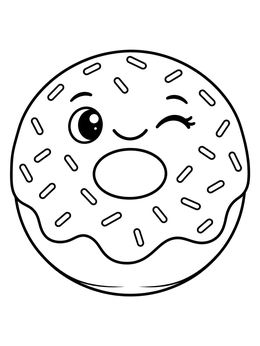 A funny coloring page of a cute frosted donut winking with sprinkles.