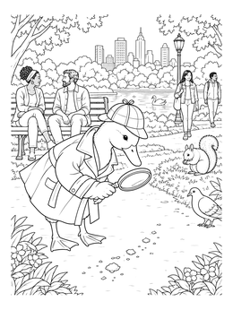 A detective duck tracking crumbs in a park on this funny coloring page.