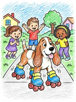 Roller Skating Dog And Cheering Kids – Funny Coloring Page