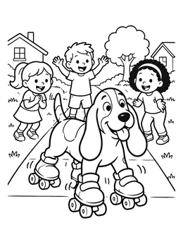 Free printable Roller Skating Dog And Cheering Kids coloring page