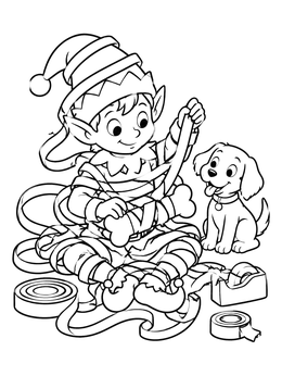 A funny coloring page of a tangled elf wrapping a bone next to a happy puppy.