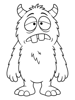A funny faces coloring page featuring a bewildered fluffy monster with big buck teeth and sleepy eyes.