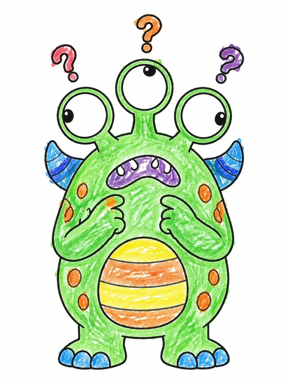 Colored example of the Confused Three Eyed Cute Monster coloring page