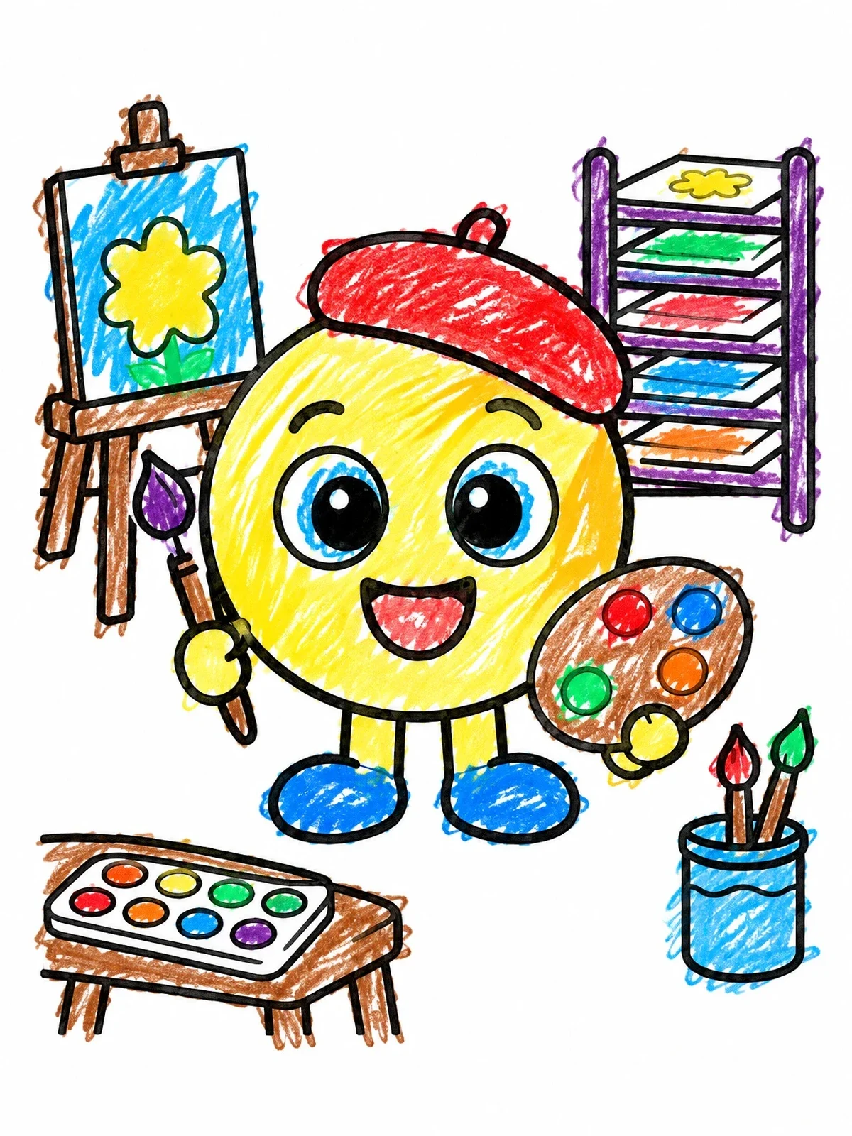 Colored example of the Cute Artist Face In Art Studio coloring page