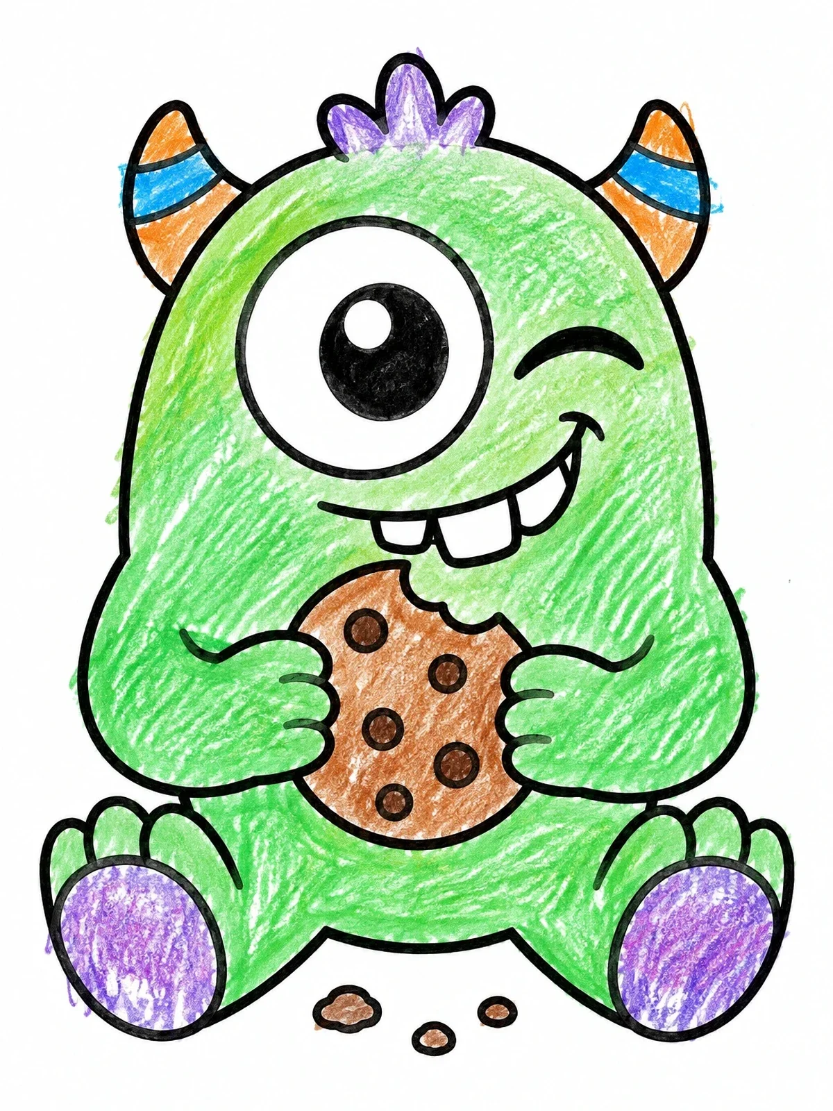 Colored example of the Cute Winking Monster Eating Cookie coloring page