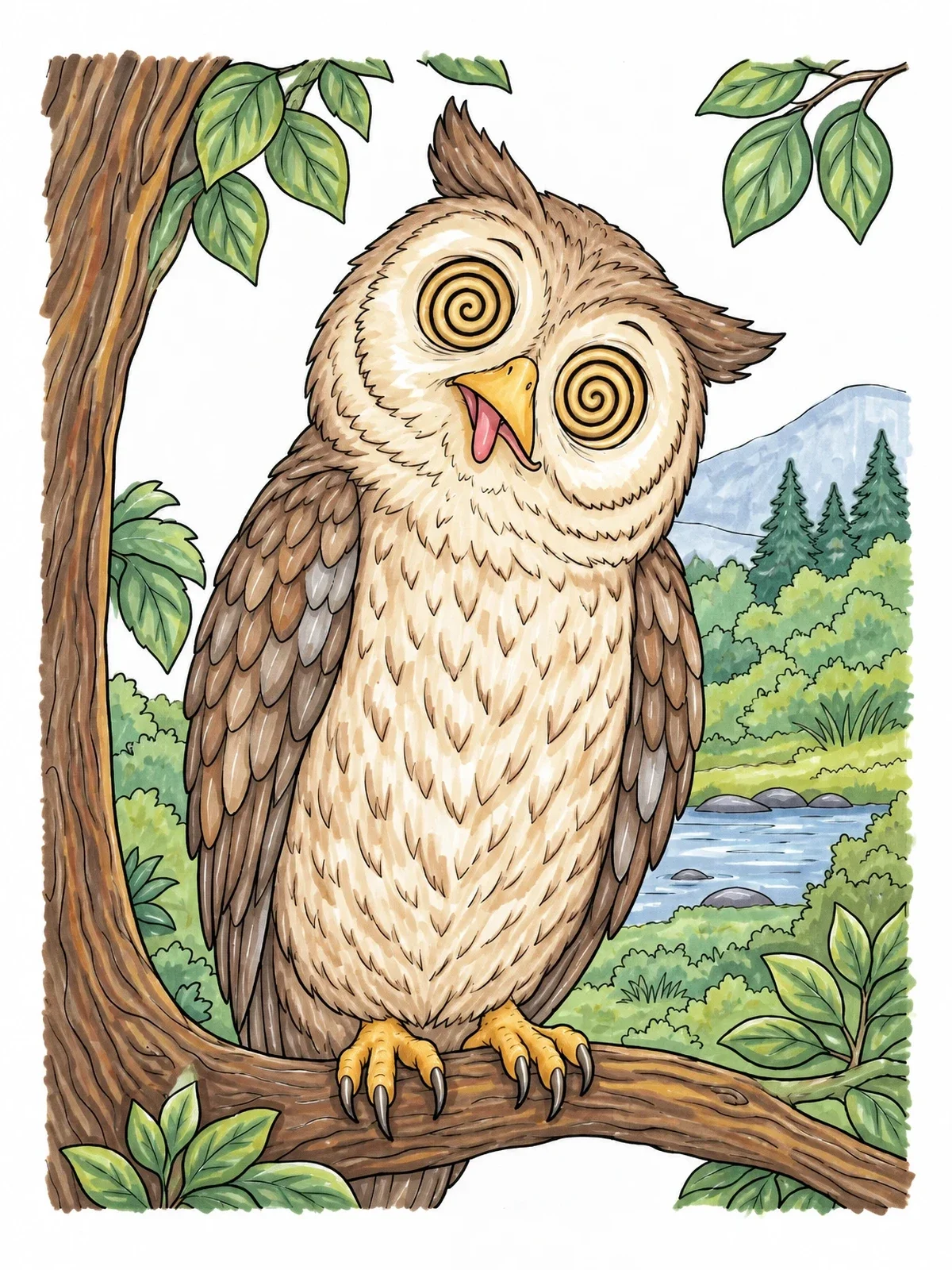 Colored example of the Dizzy Owl On A Branch coloring page