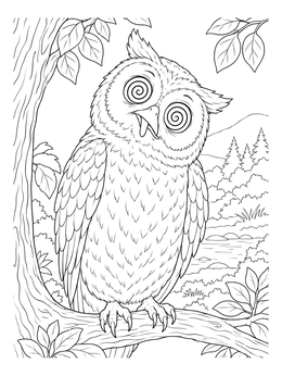 A dizzy owl perched in a forest featured in this funny faces coloring page.