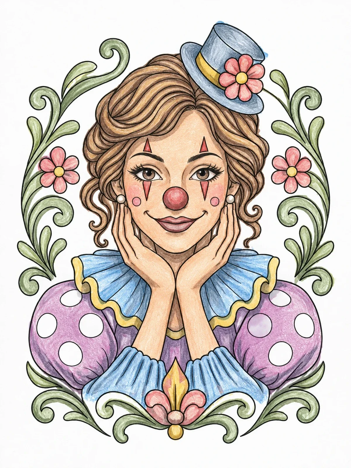 Colored example of the Elegant Clown Woman With Hat coloring page