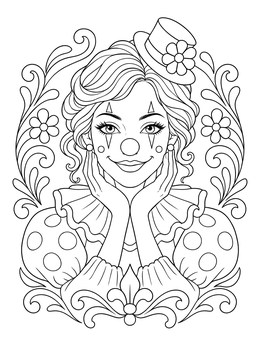 A smiling clown woman on a funny faces coloring page framed by floral swirls.