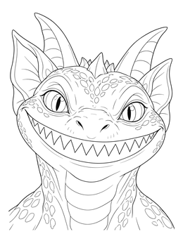 A cheeky grinning dragon in this funny faces coloring page with pointed teeth and horns.