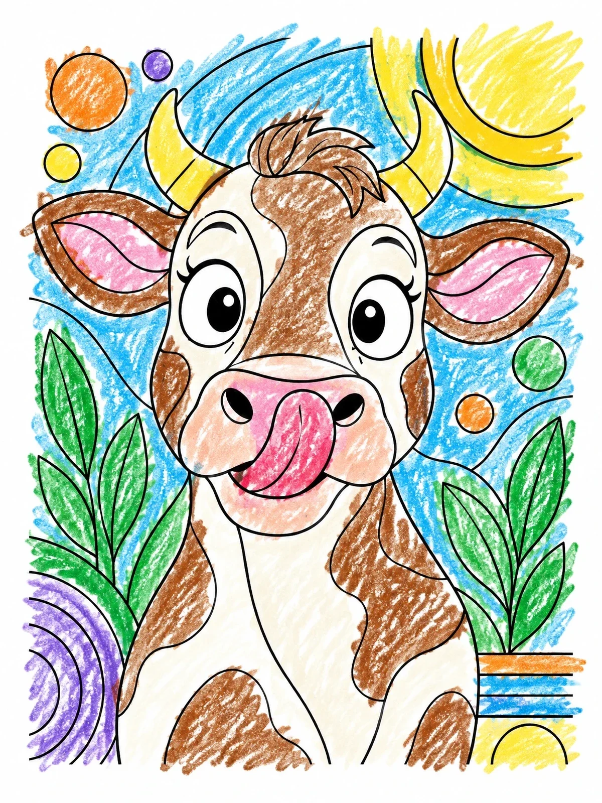 Colored example of the Playful Cow Licking Nose coloring page