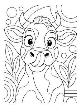 A funny faces coloring page with a cartoon cow licking its nose amidst abstract patterns.