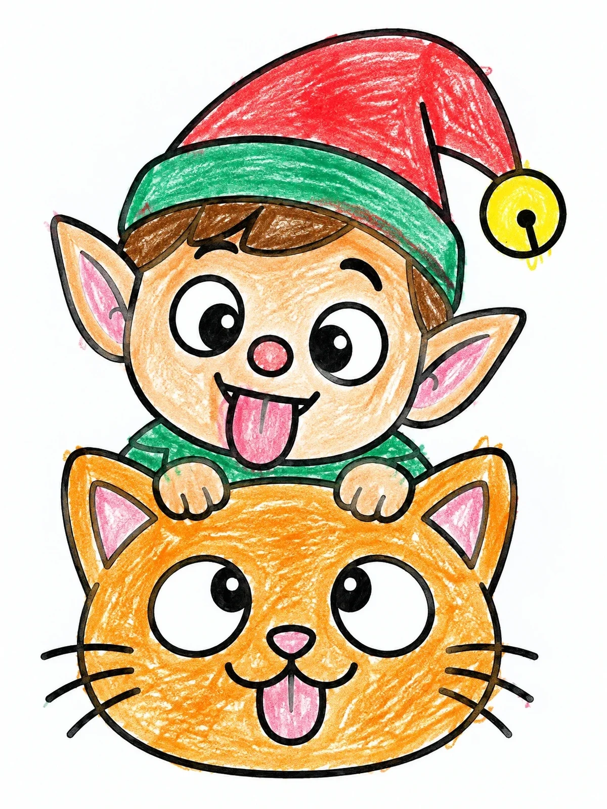 Colored example of the Silly Elf And Playful Cat coloring page