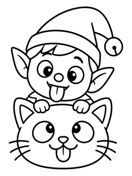 A cute elf and playful cat stick their tongues out on this funny faces coloring page.