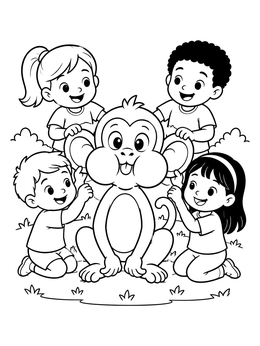 Free printable Silly Monkey And Cheerful Children coloring page