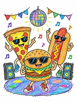 Fast Food Disco Dance Party – Funny Coloring Page