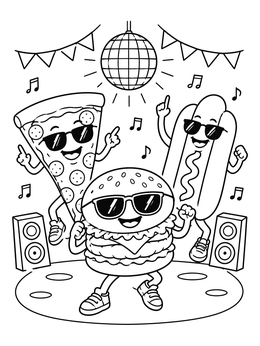 A funny coloring page showing a dancing burger, pizza slice, and hot dog wearing sunglasses under a disco ball.