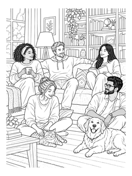 A group of friends relaxing with a dog and cat in a funny coloring page.