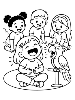 A funny coloring page of a laughing girl sitting with friends as a pet parrot mimics her expression.