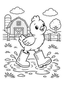 A cute chicken wearing big rain boots in a puddle on this funny coloring page.