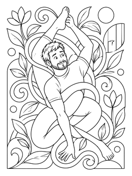 A funny coloring page showing a man tangled in an extreme yoga pose amid floral swirls.