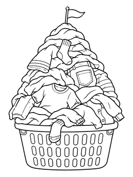 A giant pile of clothes in a laundry basket in this funny coloring page.