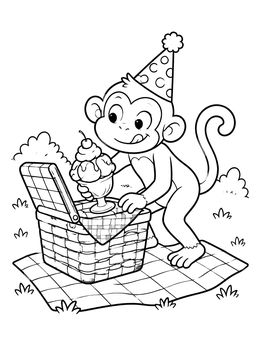 A playful monkey wearing a party hat sneaks a treat in this funny coloring page.