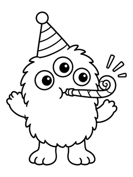 A funny coloring page of a cute three-eyed monster wearing a party hat and blowing a horn.