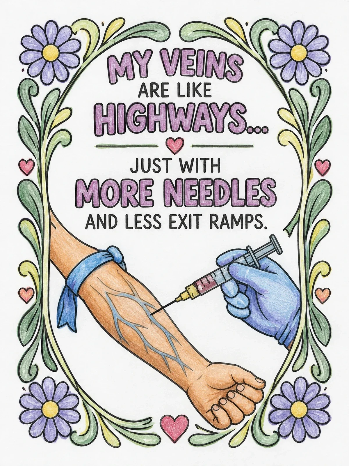 Colored example of the Funny Phlebotomy Quote With Arm And Syringe coloring page