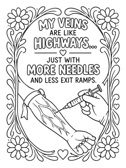 Free printable Funny Phlebotomy Quote With Arm And Syringe coloring page