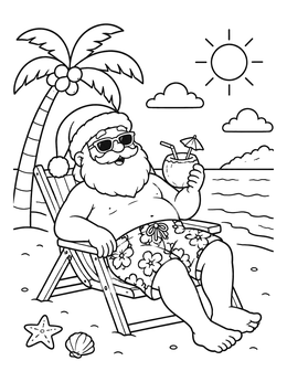 A funny coloring page of Santa Claus relaxing on a beach chair with a coconut drink.