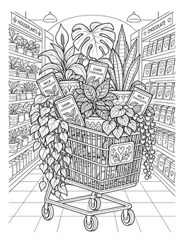 A funny coloring page showing a shopping cart overflowing with lush houseplants and chocolate bars.