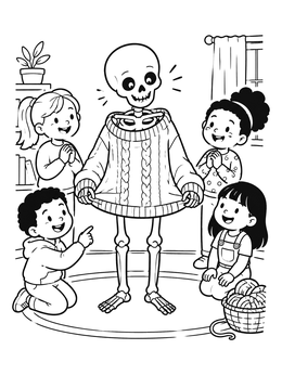 A friendly skeleton wears an oversized sweater surrounded by happy children in this funny coloring page.