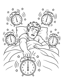 A tired person turning off five ringing alarm clocks in this funny coloring page.
