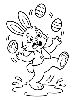 Free printable Slipping Bunny Juggling Easter Eggs coloring page