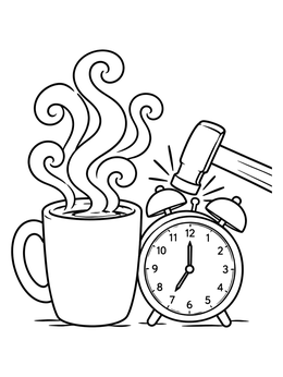 A steaming mug beside an alarm clock hit with a hammer on this funny coloring page.