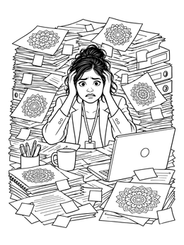 A funny coloring page of an overwhelmed office worker surrounded by giant stacks of paper and mandalas.