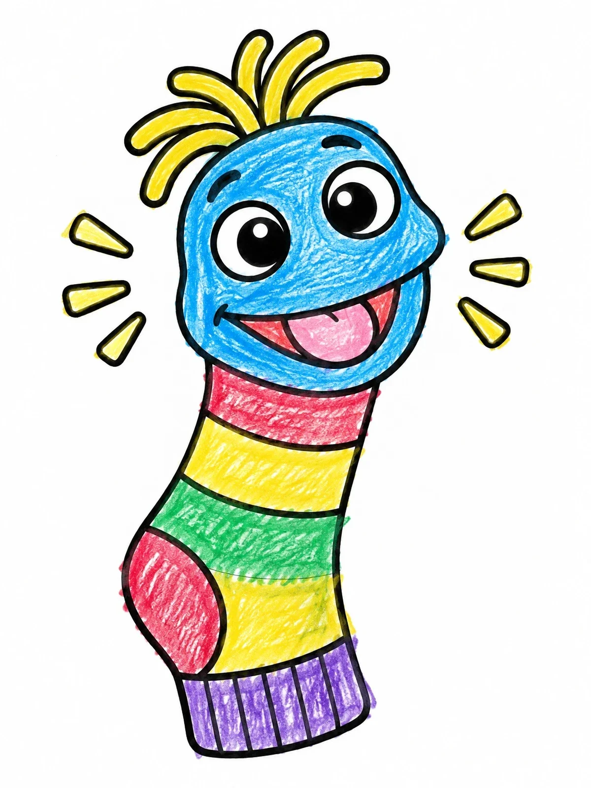 Colored example of the Funny Striped Sock Puppet coloring page