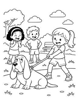 A girl pulls a stubborn dog in a funny coloring page as two kids watch.