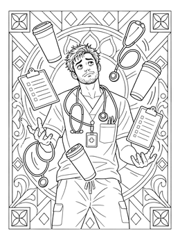 An exhausted nurse juggling coffee tumblers and clipboards in a funny coloring page.