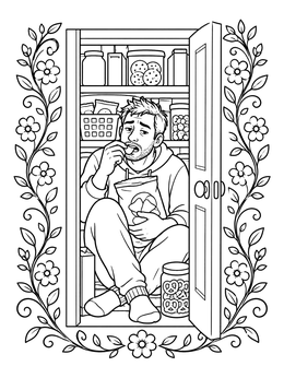 A tired dad snacking secretly in the pantry on this funny coloring page with a floral frame.